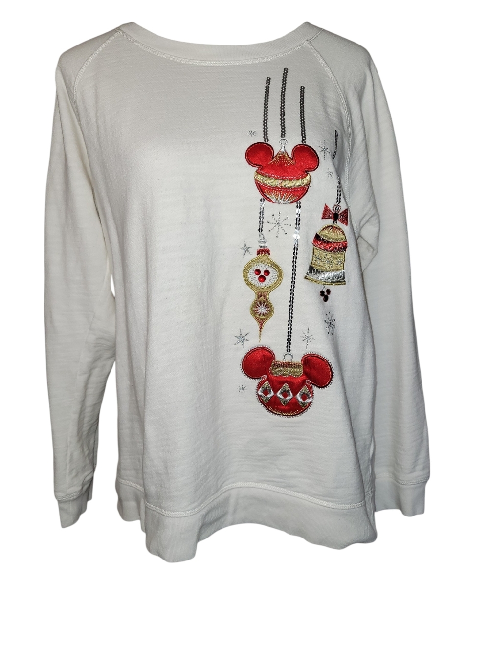 Disney Parks Mickey Mouse Christmas  Ornaments Sequin Pullover White Top Size L